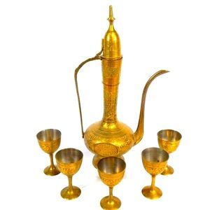 VINTAGE- BRASS Metal Tea pot with 5 glasses - Gold tone- Used